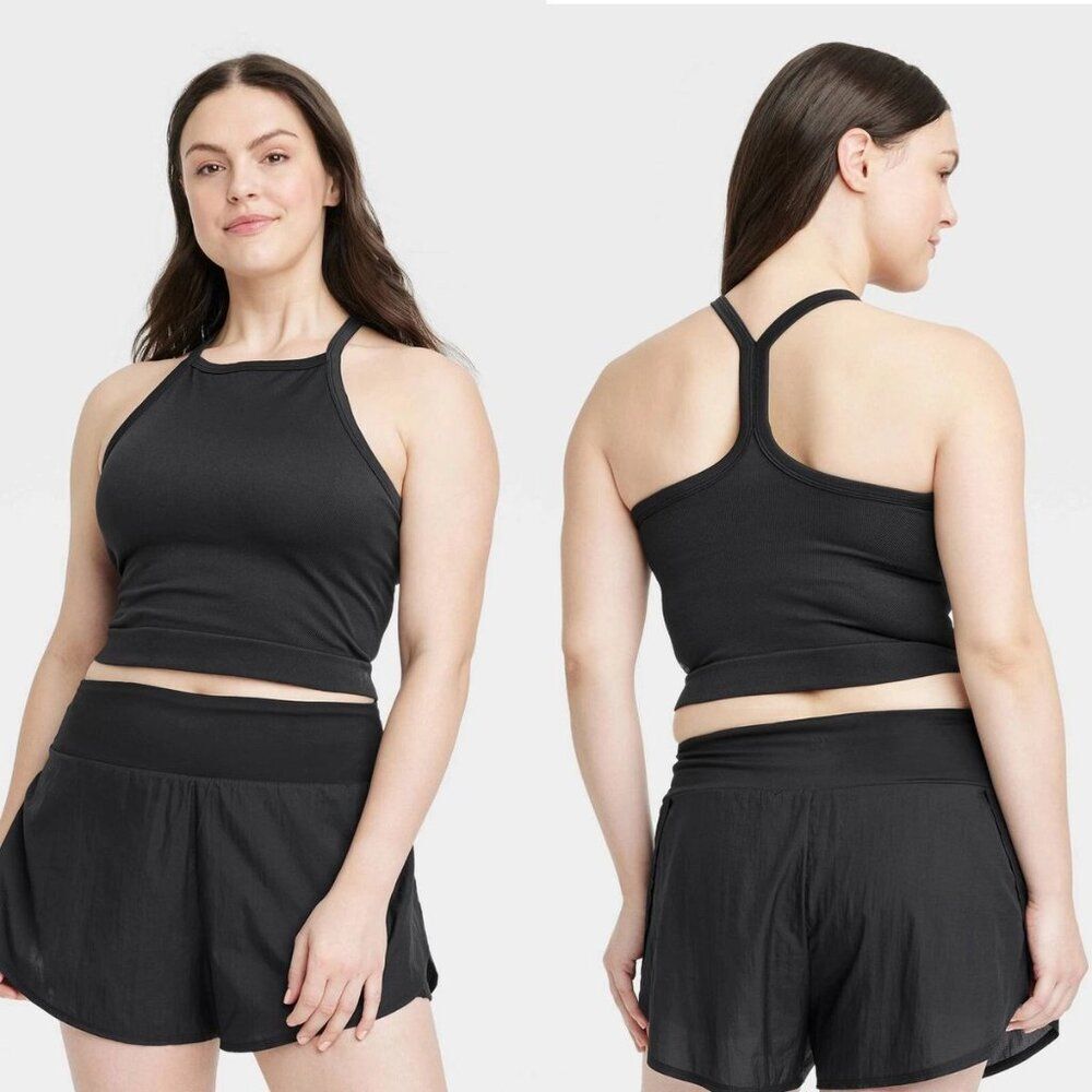 All In Motion Seamless Ribbed Cropped High Neck Tank Top Black Size Medium